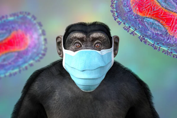 Macaco Perturbado Uma Máscara Cercada Por Vírus Varíola Ilustração Conceitual — Fotografia de Stock