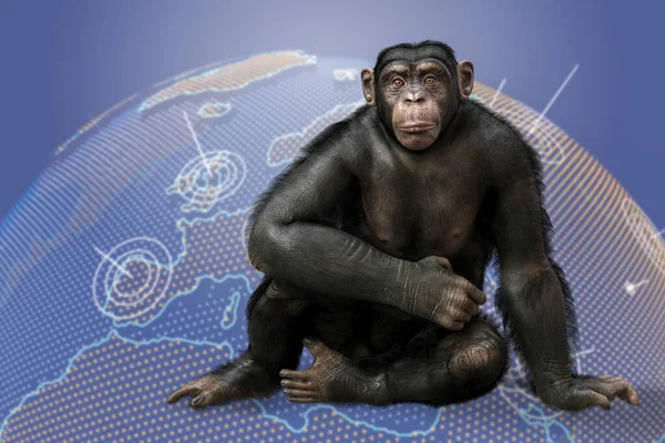 天然痘の意識 地球地図上に座っている猿 概念的な3Dイラスト — ストック写真