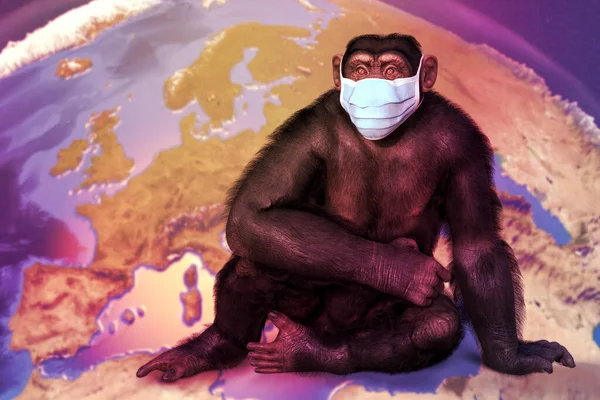 Consciência Varíola Macaco Uma Máscara Médica Sentado Mapa Terra Ilustração — Fotografia de Stock