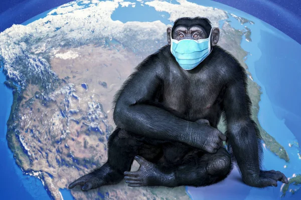 Maymun Çiçeği Farkındalığı Dünya Haritasında Oturan Tıbbi Maskeli Maymun Kavramsal — Stok fotoğraf