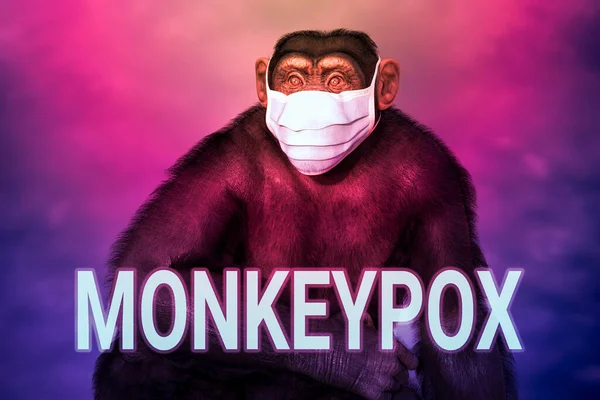 Macaco Chimpanzé Uma Máscara Médica Texto Varíola Ilustração Conceitual Conceito — Fotografia de Stock
