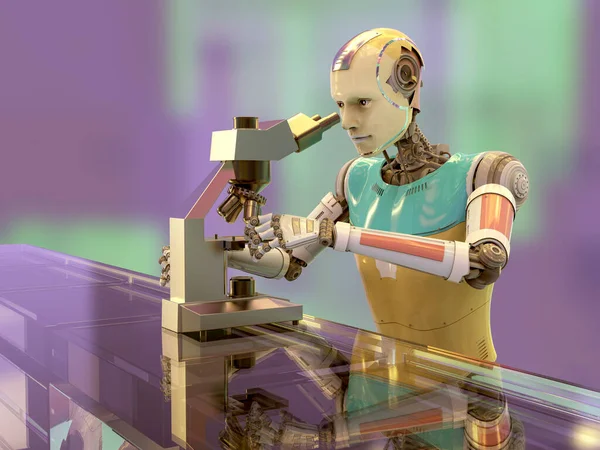 Humanoid robot working with microscope in a laboratory, conceptual 3D illustration. Laboratory automation. Artificial intelligence for medicine, science and laboratory industry