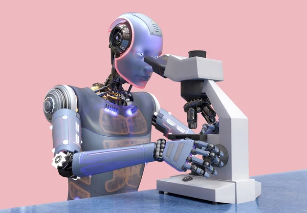 Humanoid Robot Arbetar Med Mikroskop Ett Laboratorium Konceptuell Illustration Laboratorieautomatisering — Stockfoto