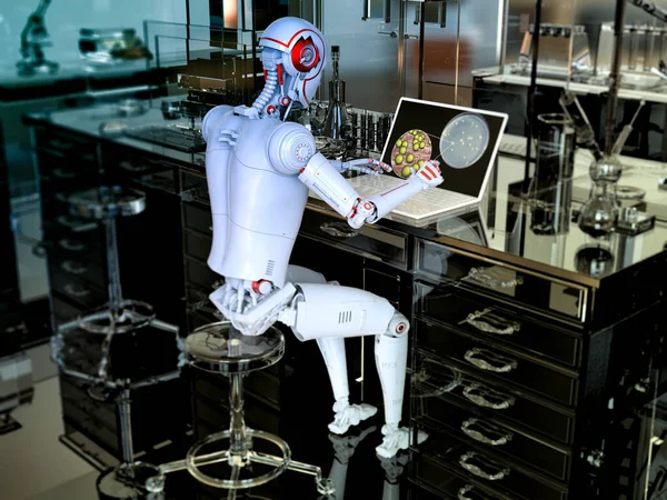 Robot Humanoide Que Trabaja Con Ordenador Portátil Laboratorio Ilustración Conceptual —  Fotos de Stock