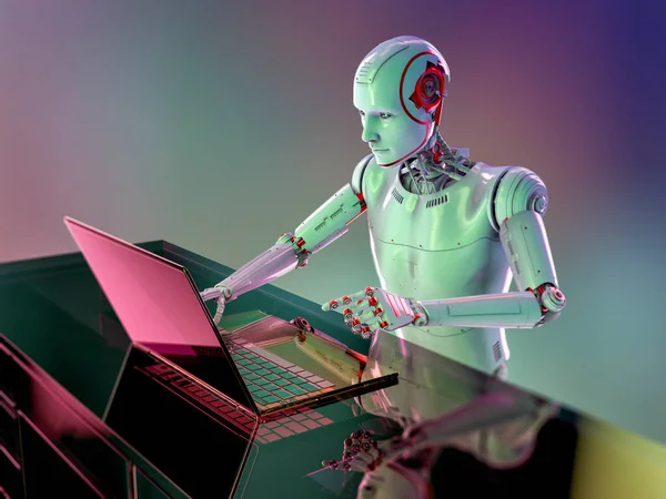 Robot Humanoide Que Trabaja Con Portátil Ilustración Conceptual Inteligencia Artificial — Foto de Stock