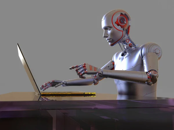 Humanoidalny Robot Pracujący Laptopem Konceptualna Ilustracja Sztuczna Inteligencja Sieć Neuronowa — Zdjęcie stockowe