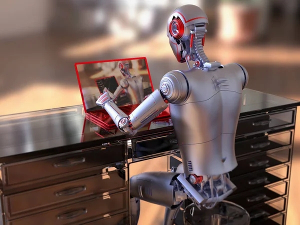 Robot Humanoide Que Trabaja Con Portátil Ilustración Conceptual Inteligencia Artificial —  Fotos de Stock
