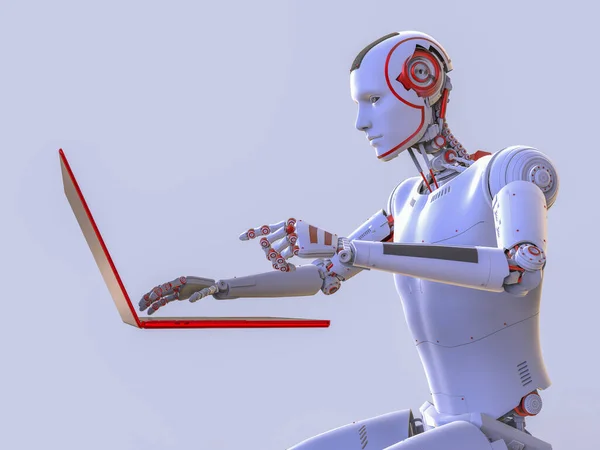 Humanoidalny Robot Pracujący Laptopem Konceptualna Ilustracja Sztuczna Inteligencja Sieć Neuronowa — Zdjęcie stockowe