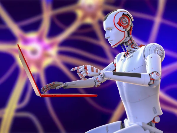 Humanoidalny Robot Pracujący Laptopem Tle Neuronów Mózgowych Konceptualna Ilustracja Sztuczna — Zdjęcie stockowe