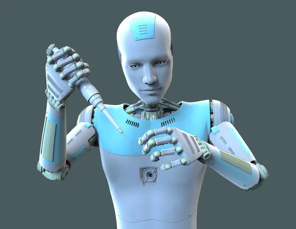 Humanoidalny Robot Pracujący Laboratorium Pipetą Rurką Konceptualna Ilustracja Sztuczna Inteligencja — Zdjęcie stockowe