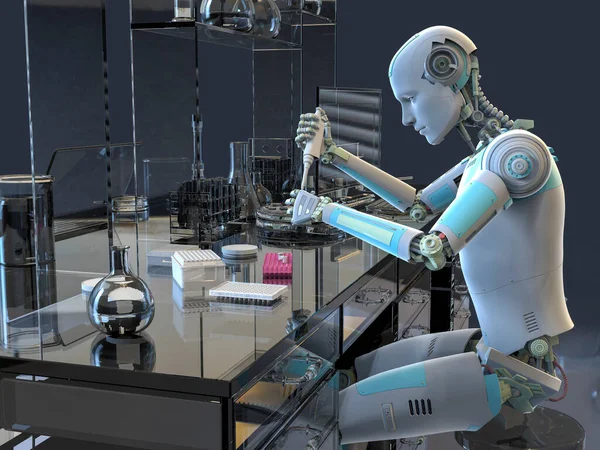 Robot Humanoide Que Trabaja Laboratorio Con Pipeta Tubo Ilustración Conceptual — Foto de Stock