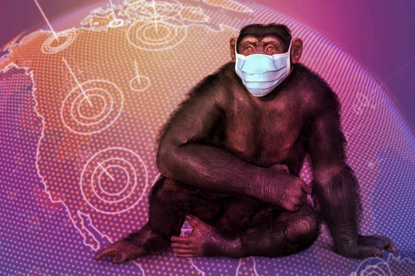 Consciência Varíola Macaco Uma Máscara Médica Sentado Mapa Terra Ilustração — Fotografia de Stock