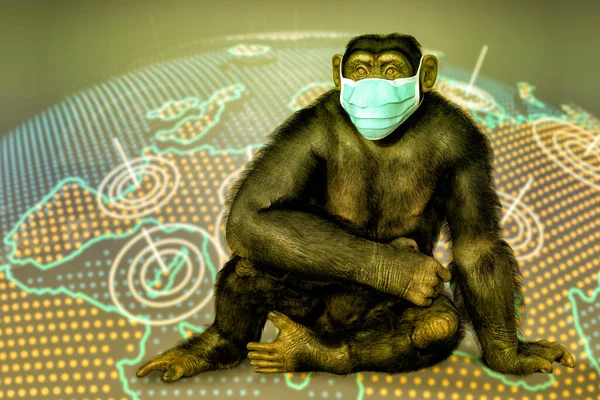 天然痘の意識 地球地図上に座っている医療用マスクの猿 概念的な3Dイラスト — ストック写真