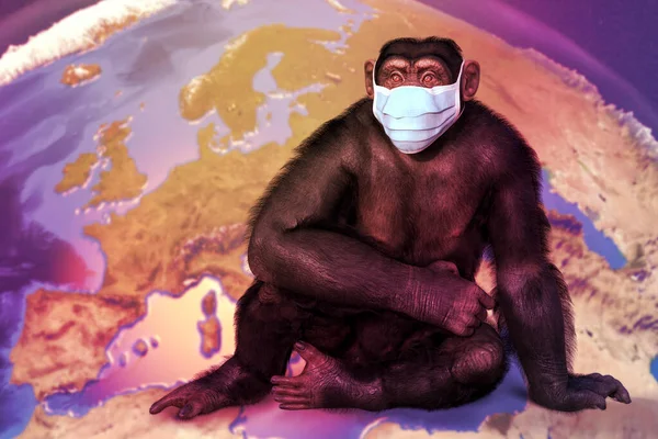 Affenpocken Bewusstsein Affe Medizinischer Maske Auf Erdkarte Sitzend Konzeptionelle Illustration — Stockfoto