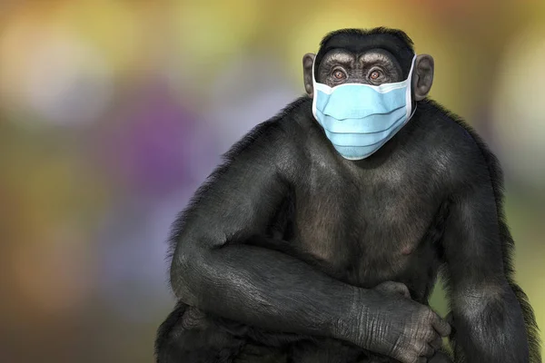 医療用マスクのチンパンジー猿 概念的な3Dイラスト 天然痘の意識概念 — ストック写真