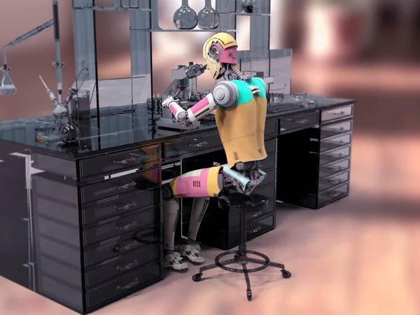 Robot Humanoide Que Trabaja Con Microscopio Laboratorio Ilustración Conceptual Automatización —  Fotos de Stock