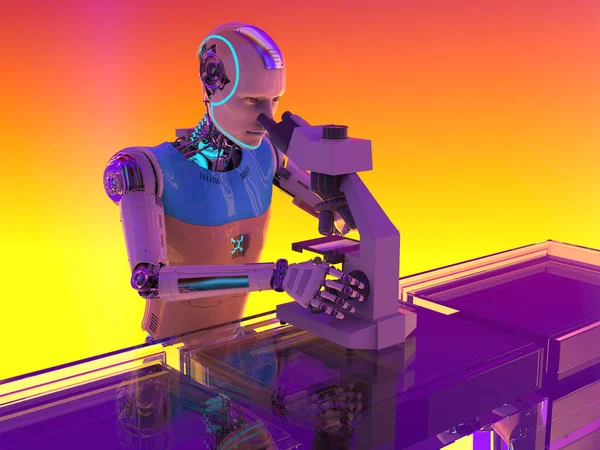 Humanoid robot working with microscope in a laboratory, conceptual 3D illustration. Laboratory automation. Artificial intelligence for medicine, science and laboratory industry