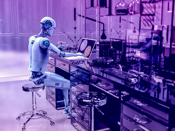 Robot Humanoide Que Trabaja Con Ordenador Portátil Laboratorio Ilustración Conceptual — Foto de Stock