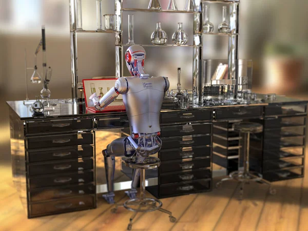 Robot Humanoide Que Trabaja Con Ordenador Portátil Laboratorio Ilustración Conceptual —  Fotos de Stock