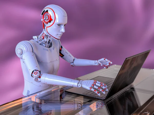 Robot Humanoide Que Trabaja Con Portátil Ilustración Conceptual Inteligencia Artificial —  Fotos de Stock