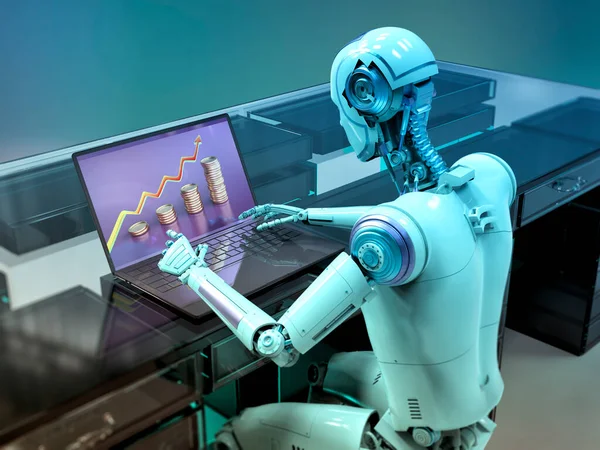 Humanoid Robot Som Arbetar Med Bärbar Dator Studerar Ekonomi Diagram — Stockfoto