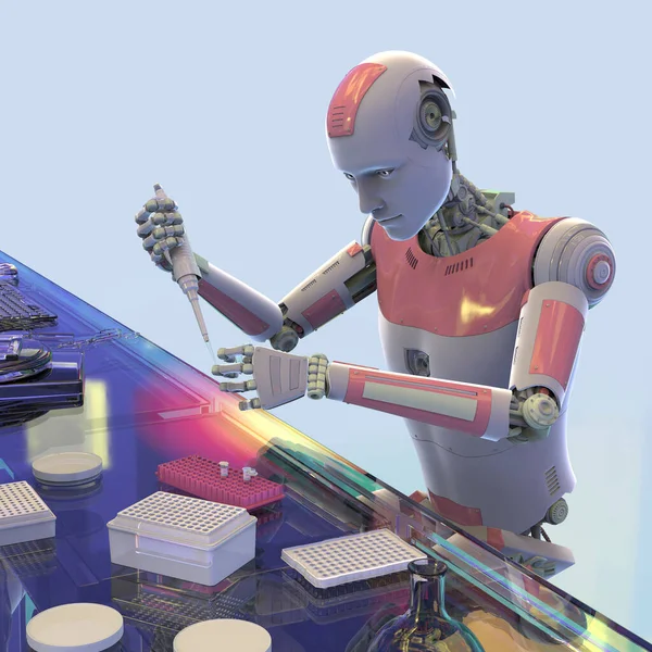 Гуманоидный Робот Работающий Лаборатории Пипеткой Трубкой Концептуальная Иллюстрация Искусственный Интеллект — стоковое фото