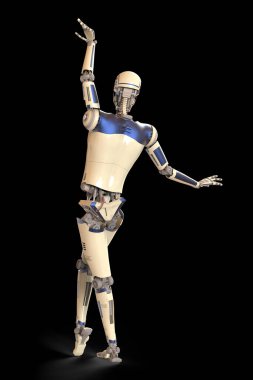Robot balerin, 3 boyutlu illüstrasyon. Dans eden insansı robot. Android, insansı, sayborg yapay zeka konsepti. Fütürist teknoloji ve bilim kurgu