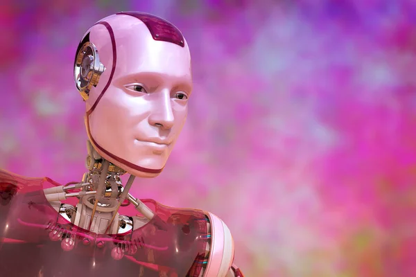 Porträtt Futuristisk Humanoid Robot Tittar Sidan Från Kameran Färgglada Bakgrund — Stockfoto