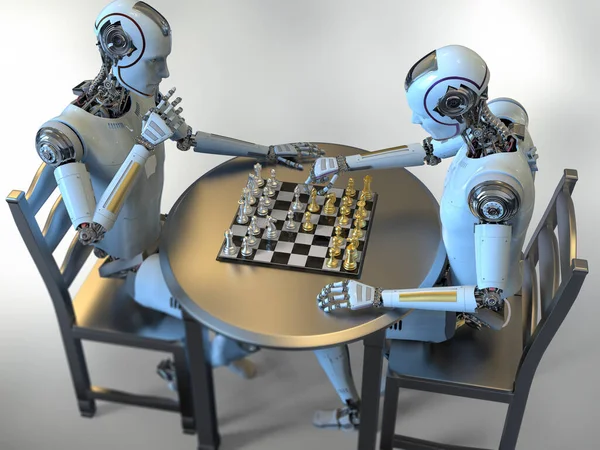 Humanoid robots playing chess, conceptual 3D illustration. Italian opening, also known as Quiet Game, or Giuoco Piano. Artificial intelligence, futuristic chess game. Chess computer training concept