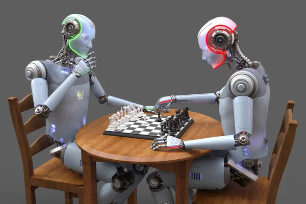 Humanoid robot playing chess, conceptual 3D illustration. Sicilian defence chess opening. Artificial intelligence, futuristic chess game. Chess computer training concept