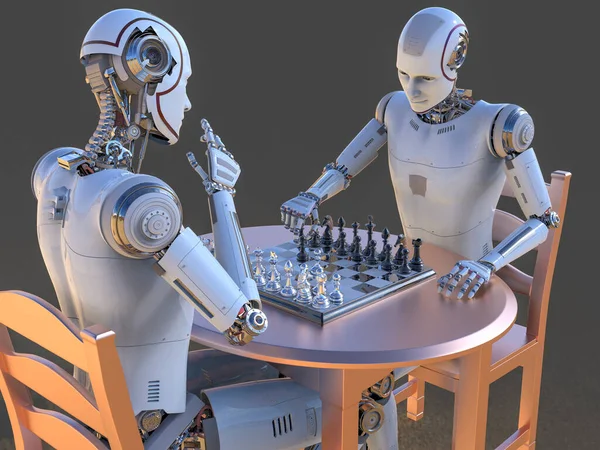 Humanoid robot playing chess, conceptual 3D illustration. Sicilian defence chess opening. Artificial intelligence, futuristic chess game. Chess computer training concept