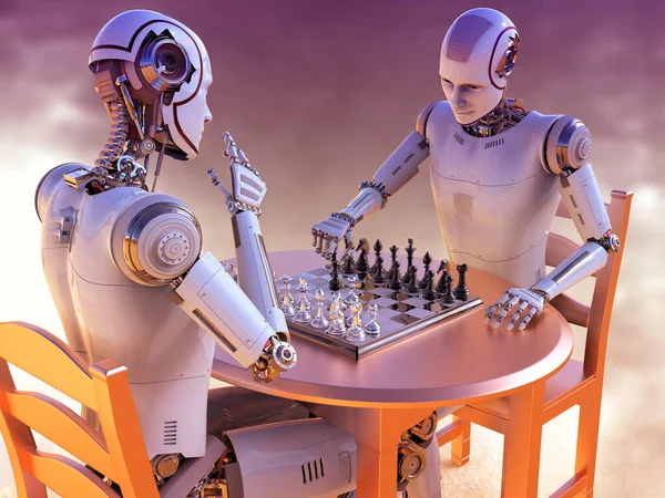 Humanoid robot playing chess, conceptual 3D illustration. Sicilian defence chess opening. Artificial intelligence, futuristic chess game. Chess computer training concept