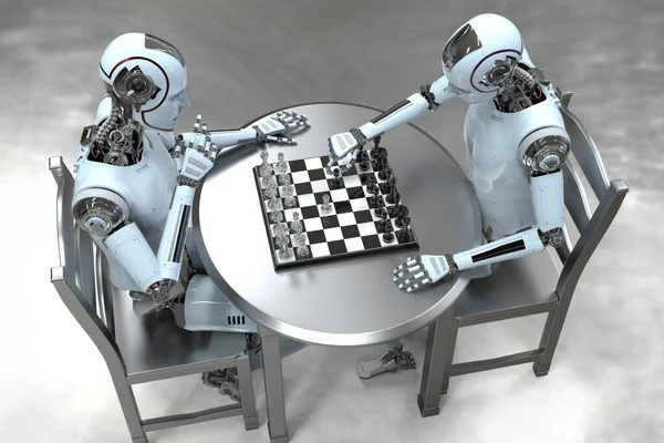 Humanoid robot playing chess, conceptual 3D illustration. Sicilian defence chess opening. Artificial intelligence, futuristic chess game. Chess computer training concept