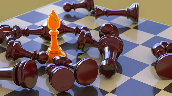 Chess game. Chess bishop on chess board with defeated chess figures, 3d illustration. Success strategy busines concept. Leadship and ambition concept