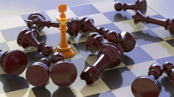 Chess game. Chess queen on chess board with defeated chess figures, 3d illustration. Success strategy busines concept. Leadship and ambition concept