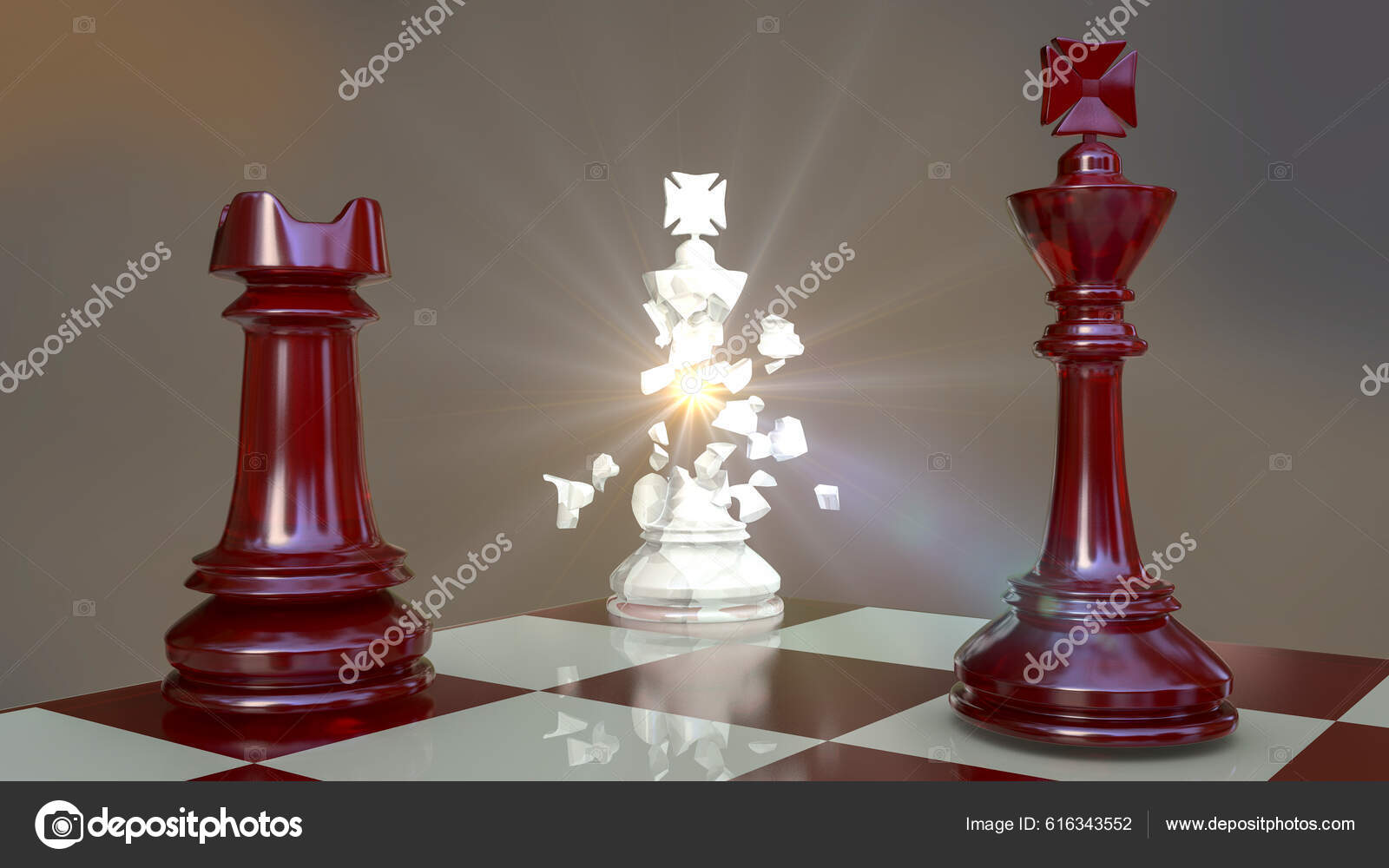 Chess Board with King, Queen and Rook in Checkmate. Stock