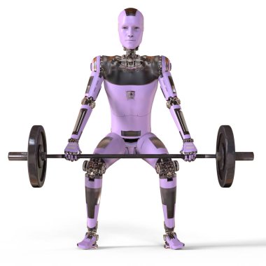 Robot ağır halter kaldırıyor, 3 boyutlu illüstrasyon. Ağırlık kaldırma robotları konsepti. Endüstride ve sporda yapay zeka