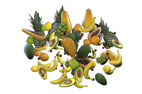 Composição Frutas Ilustração Banana Abacate Uva Ananás Mamão Outras Frutas — Fotografia de Stock