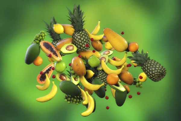 Composition of fruits, 3D illustration. Banana, avocado, grape, pine apple, papaya and other tropical fruits