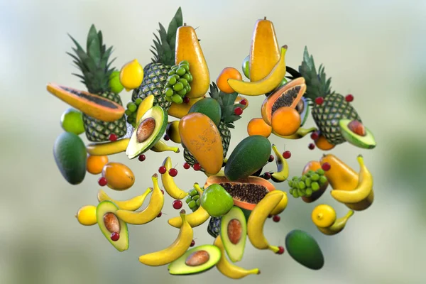 Composition of fruits, 3D illustration. Banana, avocado, grape, pine apple, papaya and other tropical fruits