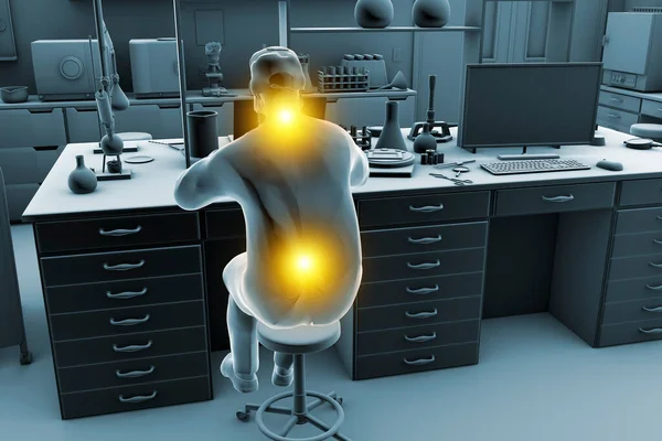 研究室の労働者の作業関連の筋骨格疾患 首と背中の痛みを持つ顕微鏡で働く研究室の専門家を示す概念的な3Dイラスト — ストック写真
