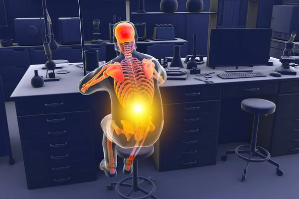 研究室の労働者の作業関連の筋骨格疾患 背中の痛みを持つ顕微鏡で作業強調骨格を持つ研究室の専門家を示す概念的な3Dイラスト — ストック写真