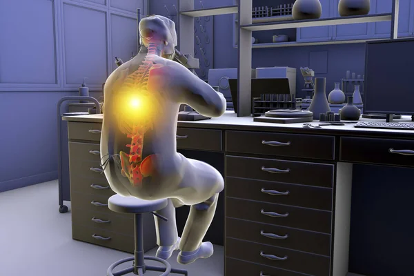 研究室の労働者の作業関連の筋骨格疾患 背中の痛みを持つ顕微鏡で作業強調骨格を持つ研究室の専門家を示す概念的な3Dイラスト — ストック写真