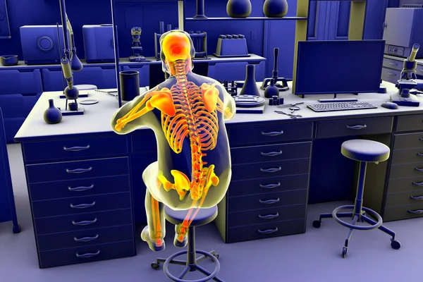 研究室の労働者における作業関連の筋骨格疾患 顕微鏡で作業を強調骨格を持つ研究室の専門家を示す概念的な3Dイラスト — ストック写真