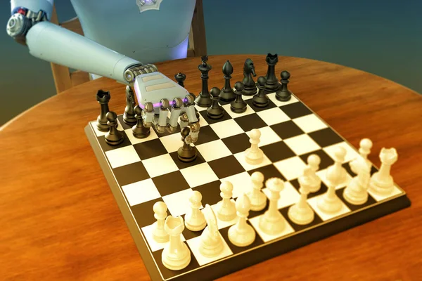 Humanoid robot playing chess, conceptual 3D illustration. Sicilian defence chess opening. Artificial intelligence,