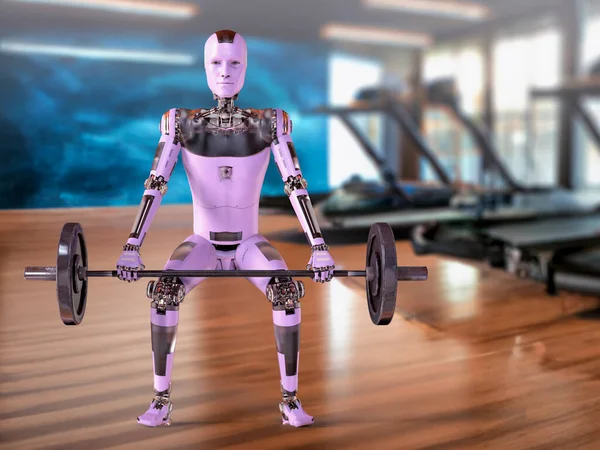 Robot lifting heavy barbell, 3D illustration. Weight lifting robots concept. Artificial intelligence in industry and sport