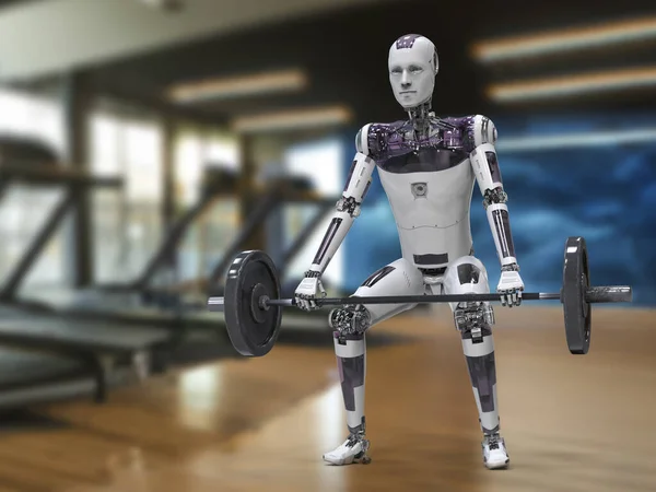 Robot lifting heavy barbell, 3D illustration. Weight lifting robots concept. Artificial intelligence in industry and sport