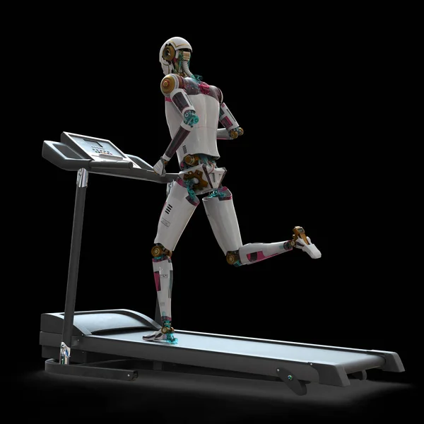 Humanoid robot running on a treadmill, 3D illustration. Artificial intelligence in sport. Future of technology