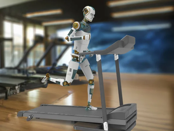 Humanoid robot running on a treadmill in a gym, 3D illustration. Artificial intelligence in sport. Future of technology