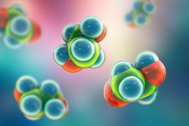Ethylene glycol molecules, 3D illustration. An organic compound used in the manufacture of polyester fibers and for antifreeze formulations in the coolant in automobiles, air-conditioning systems